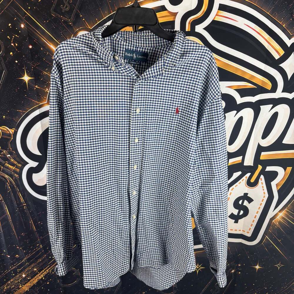 Ralph Lauren XXL Custom Fit Shirt Mens Gingham Plaid Long Sleeve Blue